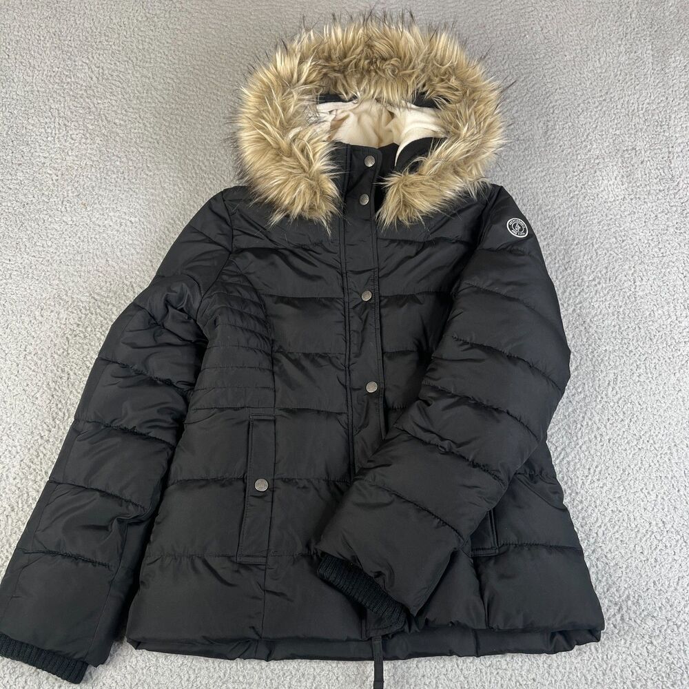 ABERCROMBIE & FITCH Puffer‎ Jacket Small Faux Fur Hood Y2K Vintage Crop Patch